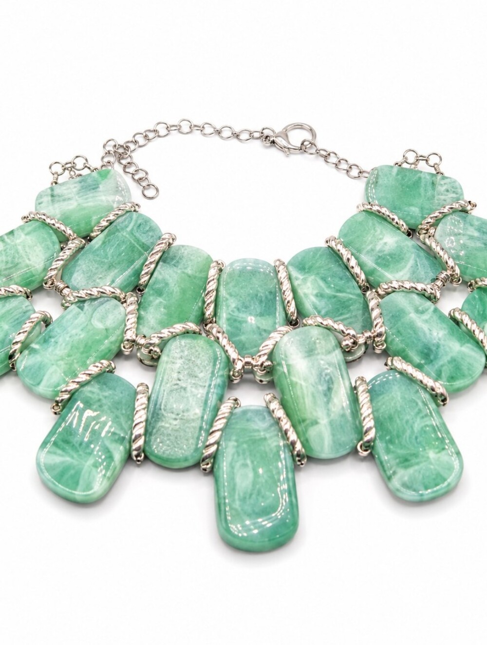 Chunky Green Marbled Resin Bib Statement Necklace & Earring Set NWT